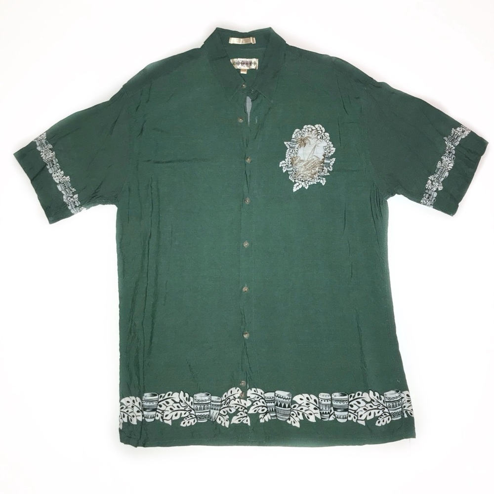 Vintage Campia Green Hawaiian Sailboat Shirt Sz L